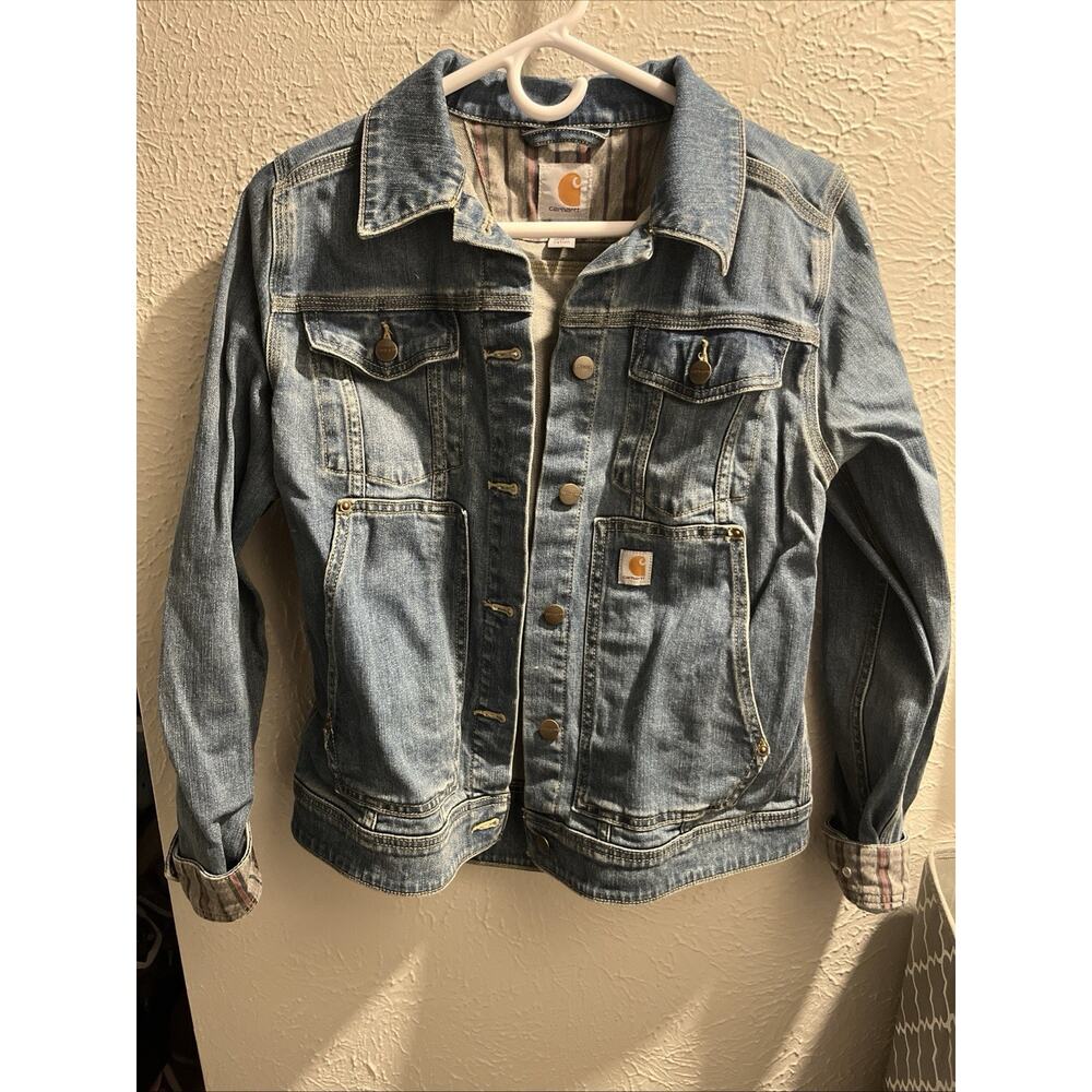 Womens Carhartt Blue Jean Jacket Size Small Pockets Contrast Cuff
